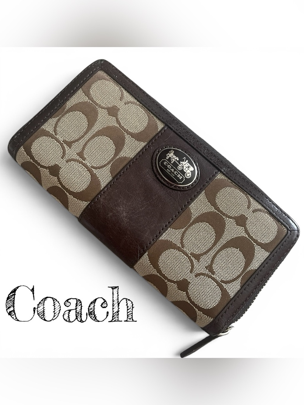 Coach Brown Signature Canvas Zip Wallet